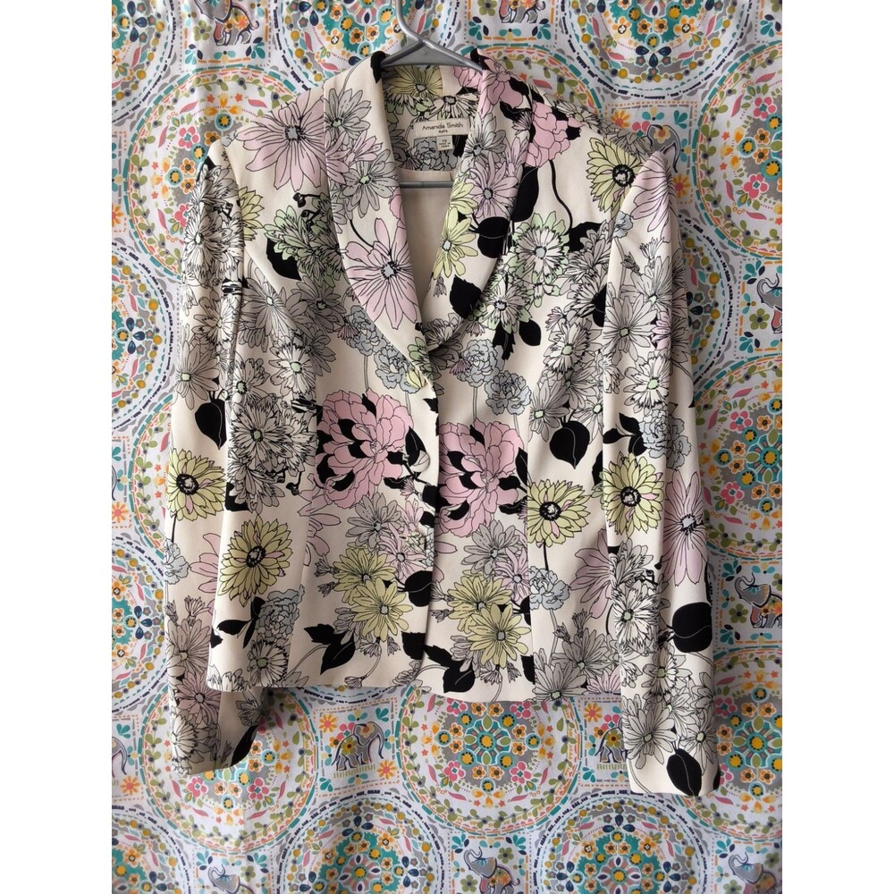 Amanda Smith Blazer Women 12 White Floral 100% Silk Collared Y2K Office Trad